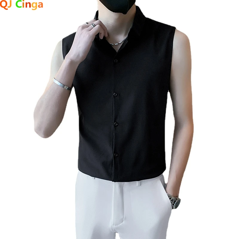 Spring 2024 Black Men\'s Sleeveless Shirt, Fashionable Slim Shirts, Men Single Breasted Lapel Summer Top Camisas Para Hombre