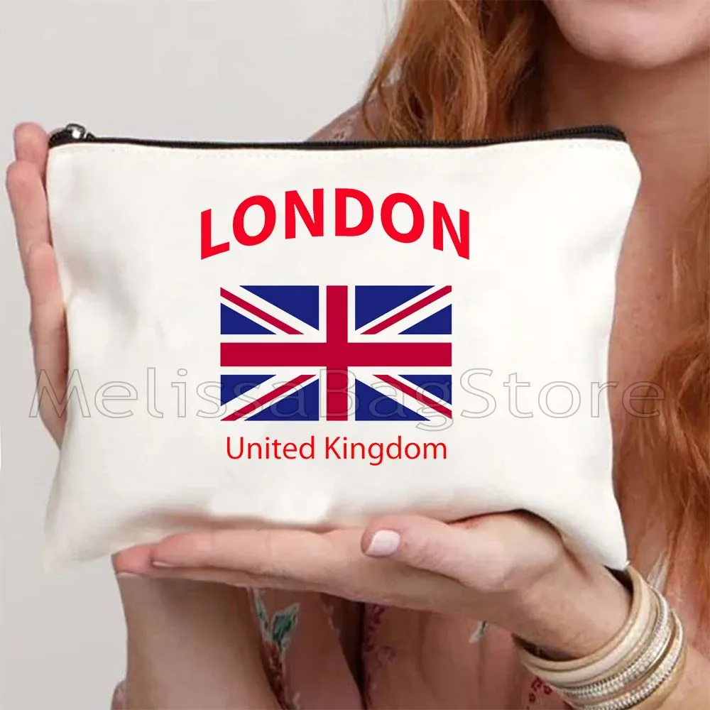 London England Flag Map Skyline United Kingdom Bus Big Ben Bridge Phone Booth Gift Canvas Storage Cosmetic Bag Makeup Case Pouch