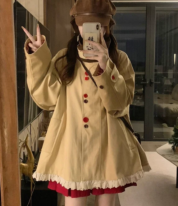 Autumn Winter Plus Size Girl on Both Sides Wear Loose Sweet Ruffles Coat Fashion Round Neck Long Sleeve Versatile A-line Jacket