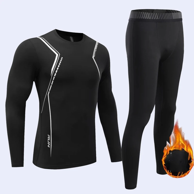 

Thermal Underwear Men Velvet Fleece Warm Inside Running Gym Winter Tracksuit Set Compression Shirt Long Sleeve Sport Pant Tights