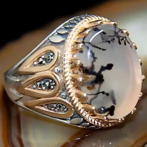 Vintage Handmade Turkish Signet Ring For Men Women Ancient Silver Color Moonstone Agate Stone Ring 2024 Retro Islamic Jewelry