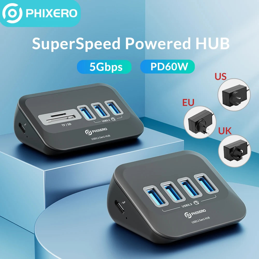 PHIXERO USB 3.2 Docking Station Hub Type C Splitter Adapter Multi Ports Several 3.0 Socket with SD Card Reader OTG For Laptop PC