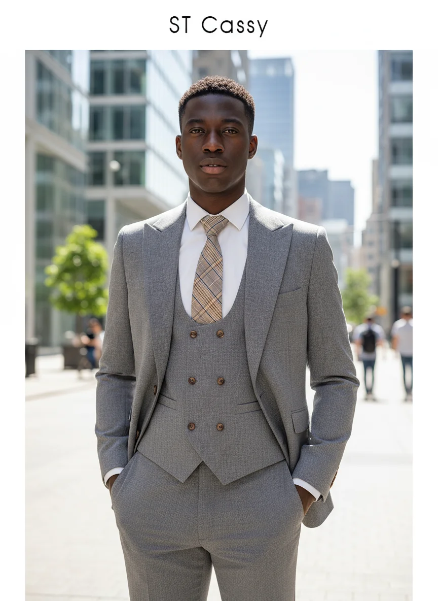 

Men's three piece suit light gray elegant slim fit formal office and leisure banquet groomsman set groom's wedding dress