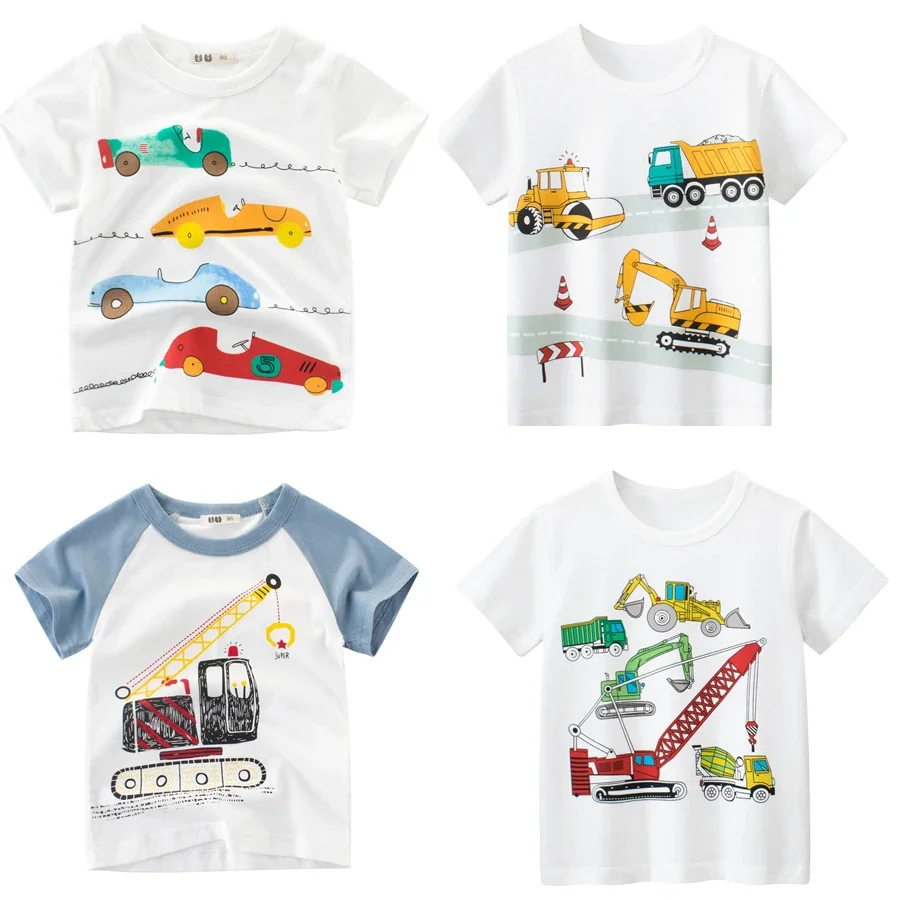 Kids T shirt Summer Children's Clothing Crane Vehicle Cute Boys Short Sleeves White T-shirt Casual Pure Cotton Tops Tees Clothes