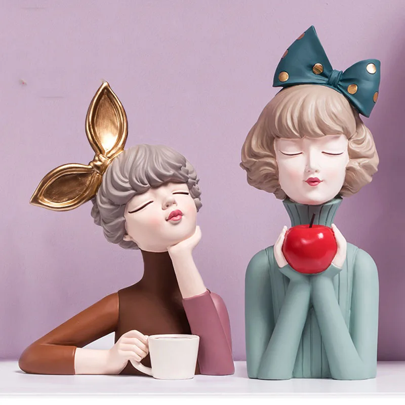 

Nordic Cute Bowknot Modern Girl Resin Figurines Decoration Home Furnishing Room Table Statues Office Plates Crafts Wedding Gifts