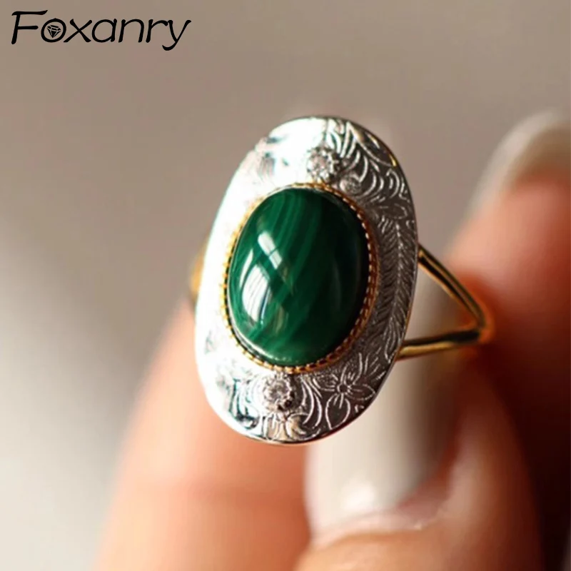 Foxanry Silver Color Malachite Rings For Women Couples Trendy Vintage Creative Design Personality Party Jewelry Gifts Wholesale