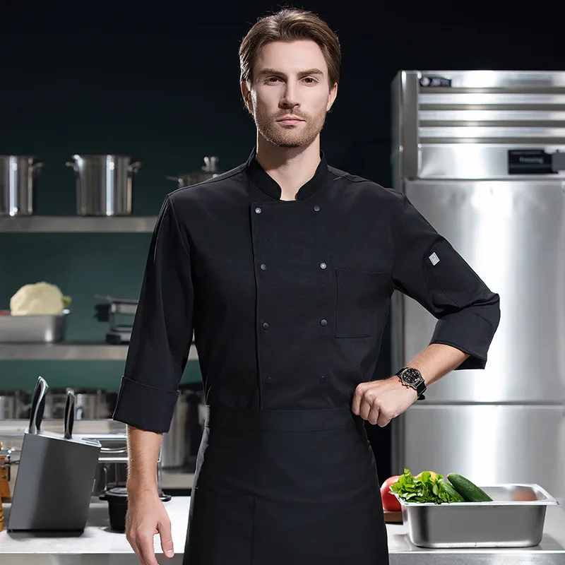

Эластичная униформа повара с двойным рядом жемчужных вставок для осени и зимы, рабочая одежда с длинными рукавами для персонала отелей, ресторанов и кухонь