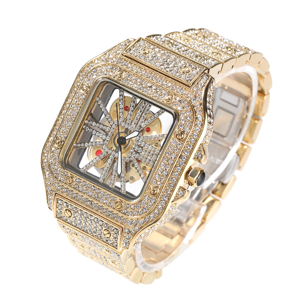 THE BLING KING Iced Out Men Watch Square Dial Quartz Luxury Brand Automatic Wrist Watches Skeleton Clock Hiphop Relogio