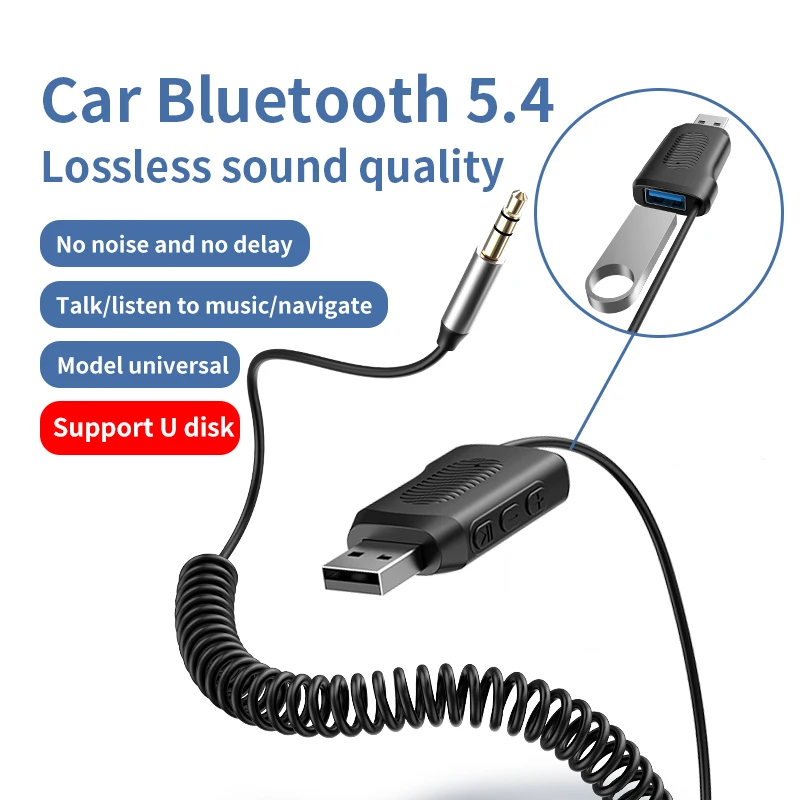 Bluetooth 5.4 Car Audio Adapter 3.5MM AUX Wireless Music Receiver With Mic Hands-free U-Disk Play For Amplifier Speaker Car Kit