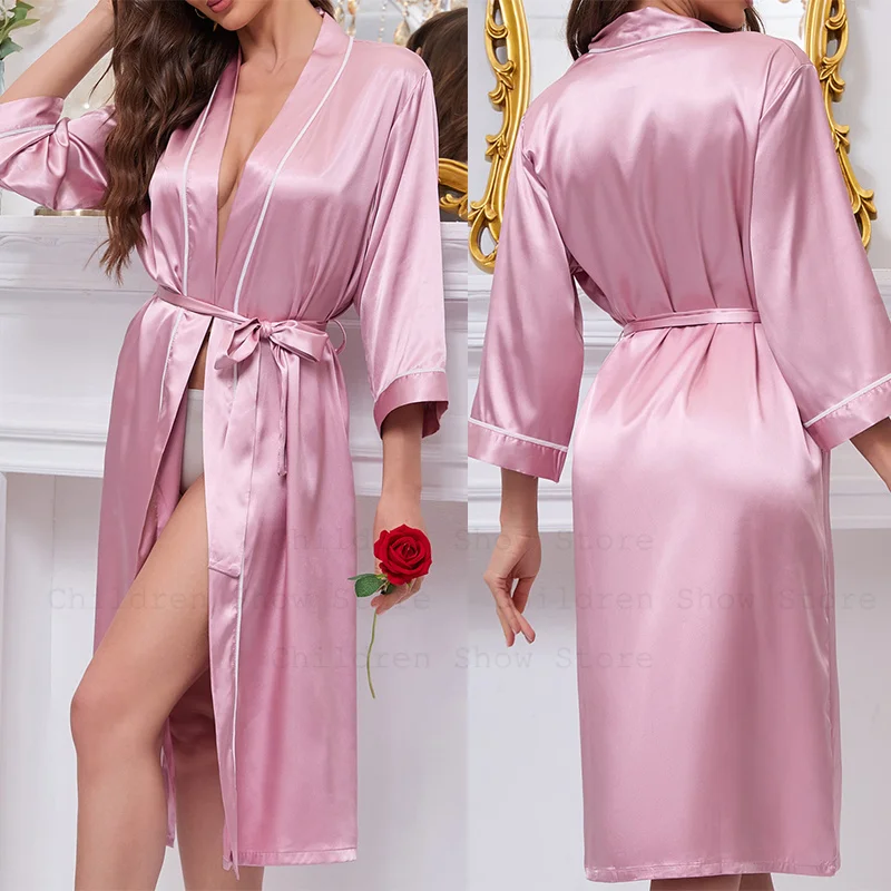 

Pink Nightgown Women Long Bathrobe Gown Satin Intimate Lingerie Sexy Kimono Lady Rayon Sleepwear Loungewear Home Dress Pajamas