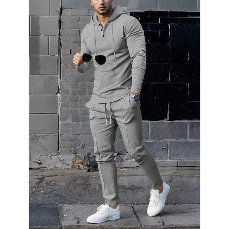

Men's Casual Hooded Waffle Knit Set Comfortable Seven Sleeve Four Seasons Sportswear Fashionable Streetwear Trending Now