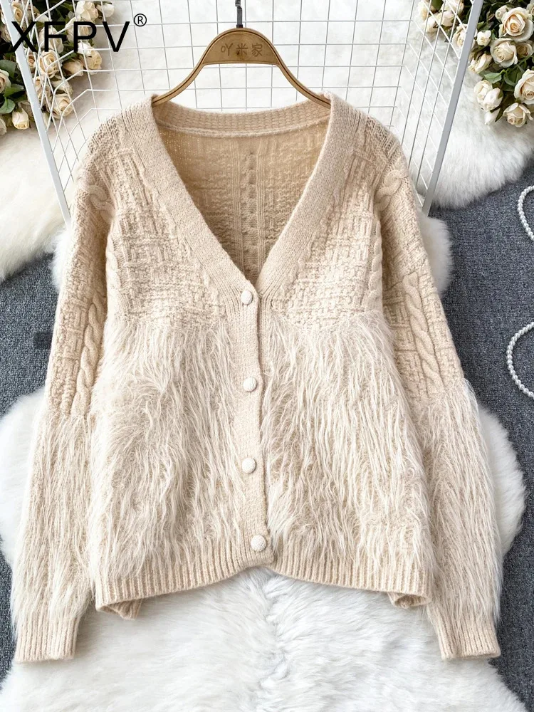 

BabYoung Women's Loose Long Sleeved V-Neck Knitted Cardigan Imitation Mink Jacket Coat Y2k Korean Fashion Autumn Winter 2023