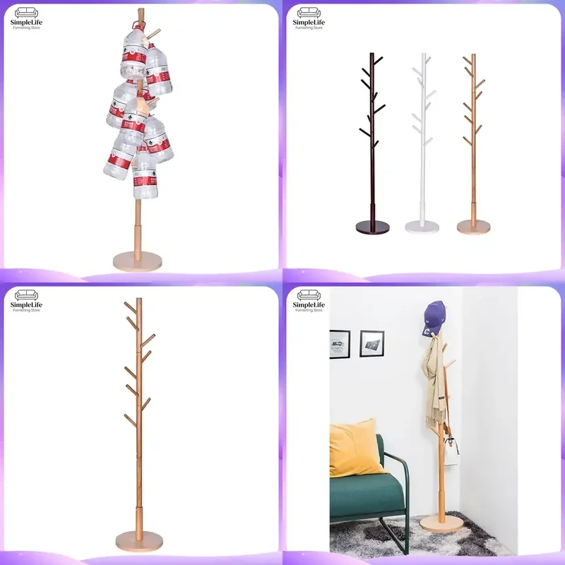 Wooden Coat Rack Stand Tree Hanger with Hooks for Hats Bags Clothes Heavy Duty Floor Standing Entryway Hall Bedroom Furniture