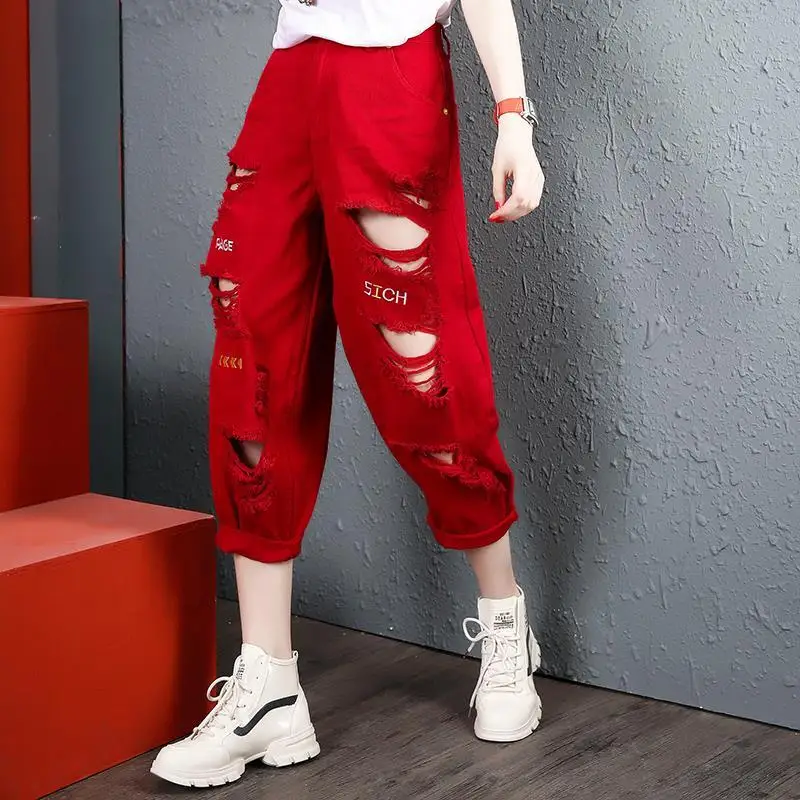 Streetwear Stylish Hole Haren Pants Casual Letter Printed Women's Clothing Spring Autumn Button Zipper Loose Cropped Trousers