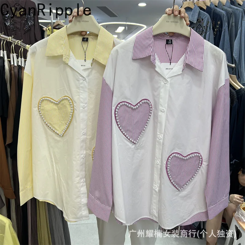 Fashionable New Spring Autumn Casual Women Shirts Colorblock Stripes Beading Love Single-breasted Long Sleeve Cardigans Top