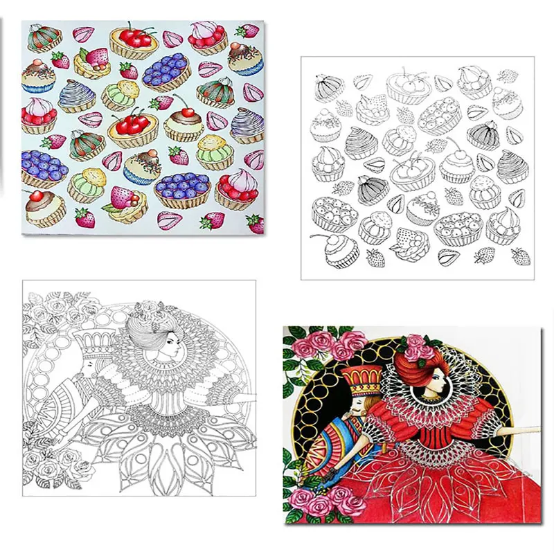 Niños y adultos coloreando páginas de mandalas florales, mostrando el uso del libro.