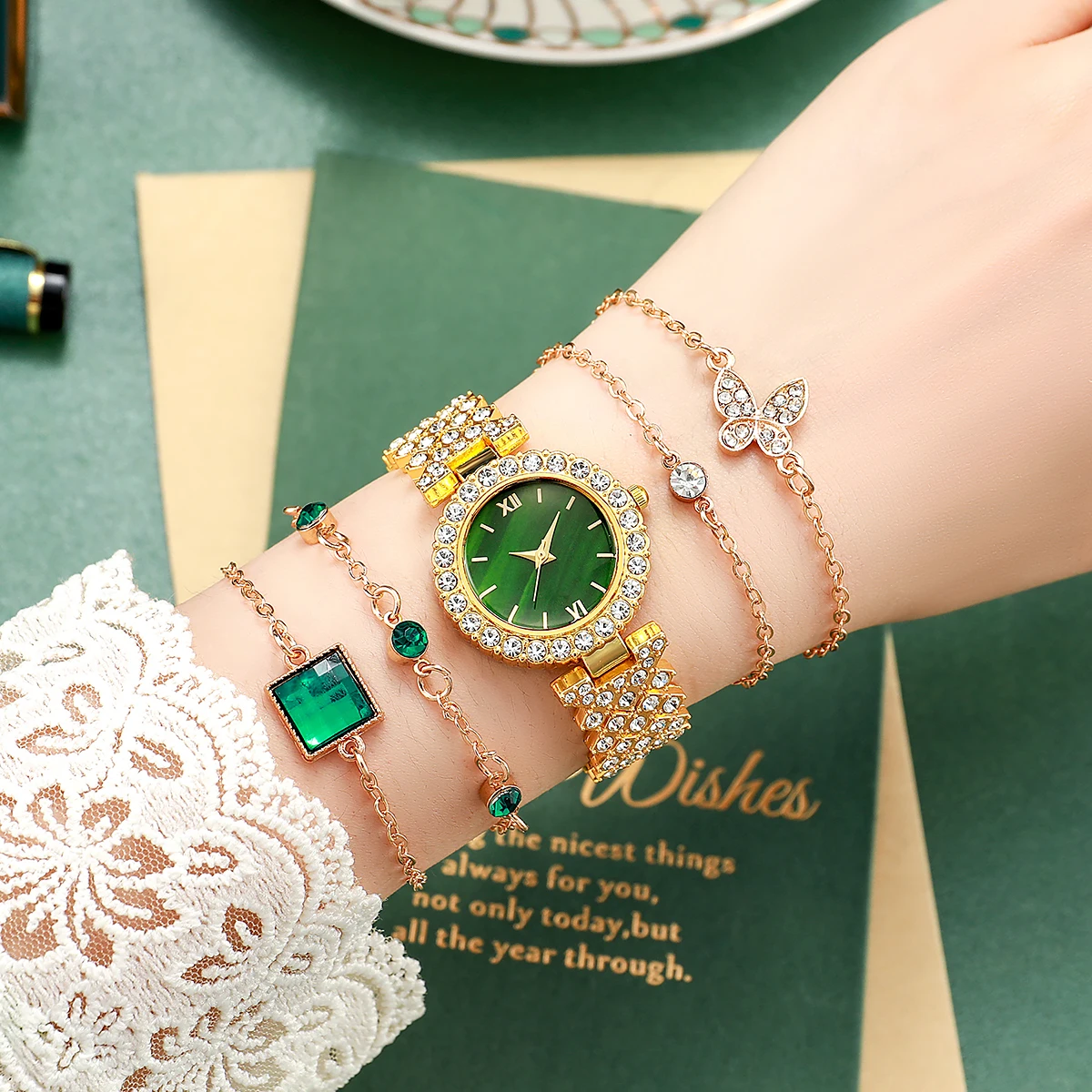 Ladies all-in-one simple emerald dial set diamond British watch + rhinestone bracelet set