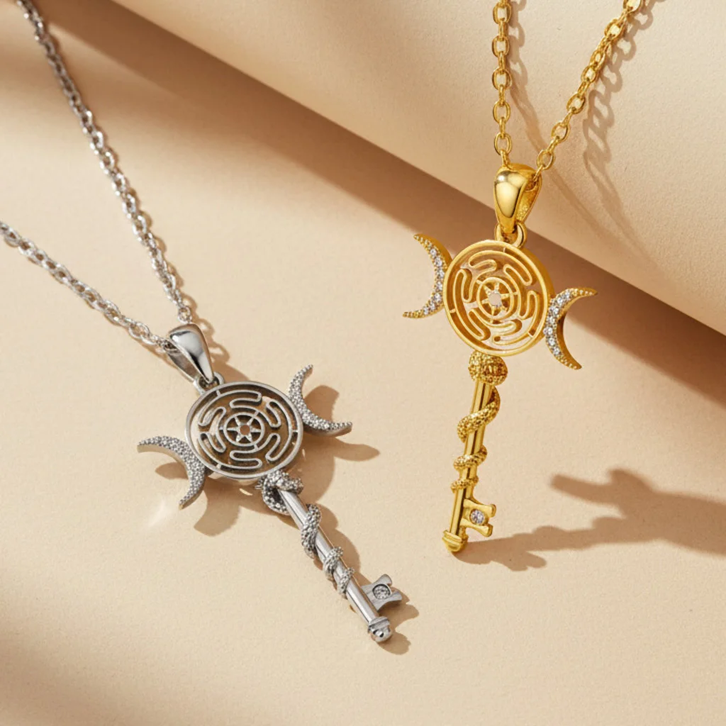 Original Witch Hekate Wheel Pendant Necklace Thai Silver Snake Key Triple Moon Goddess Chain Necklaces Wicca Magic Jewelry