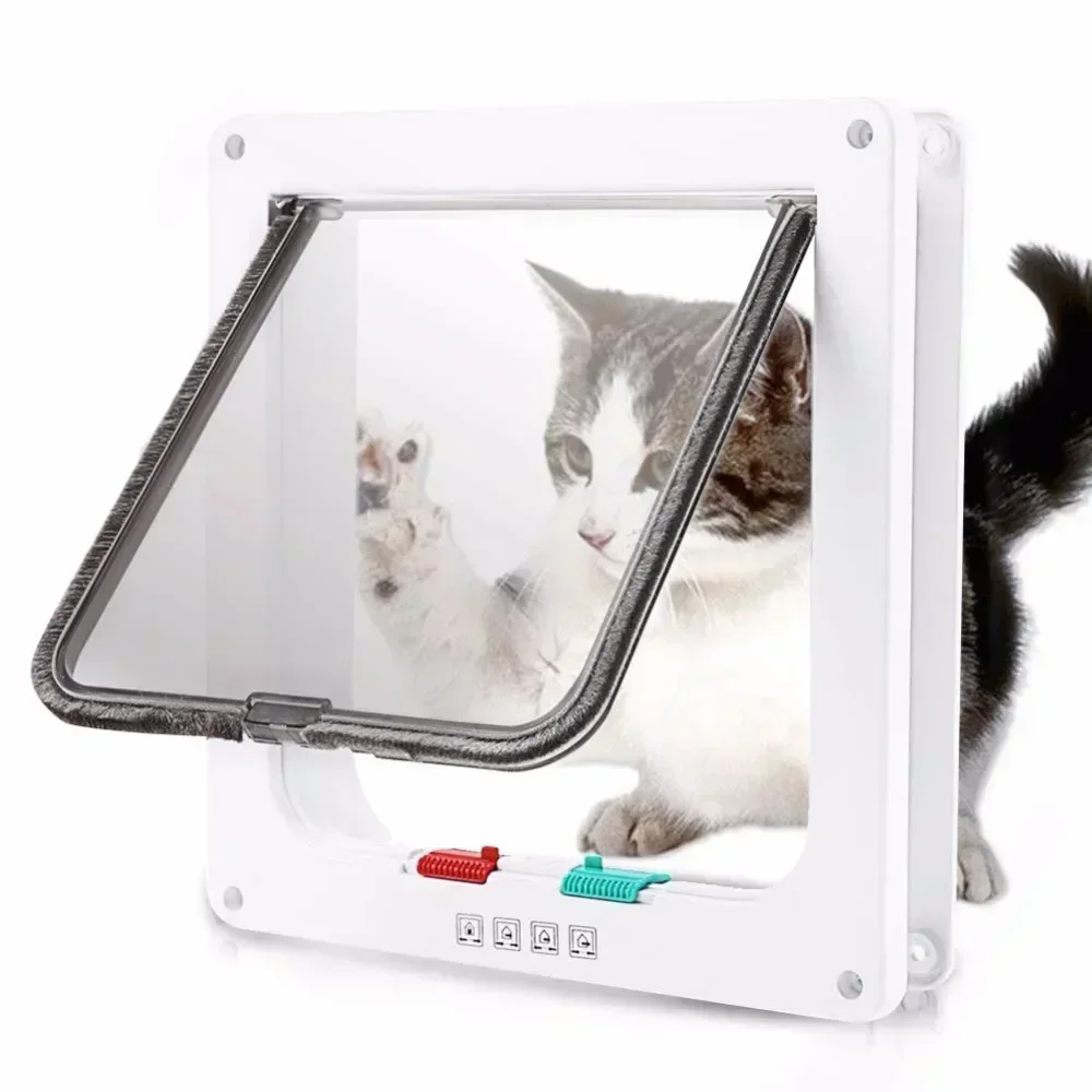 Cat Flap Door with 4 Way Security Lock Dog Flap Door for Dog Cats Kitten ABS Plastic Small Pet Gate Door Kit Cat Dogs Flap Doors
