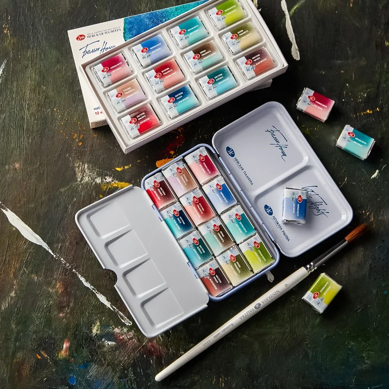 Russian White Night Solid Watercolor Pigment Layered Color 12 Colors/set Original Box Art Students Painting Portable Pigments