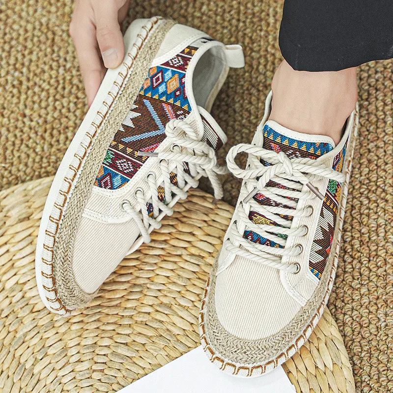 New Fashion Printed Men's Summer Shoes Comfortable Flat Canvas Shoes Men Lace-up Fisherman Shoes Casual Men Espadrilles Hommes