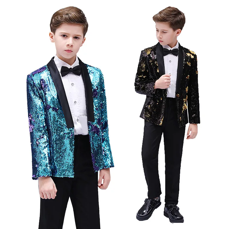 Boys Gradient Sequins Formal Wedding Birthday Party Suits Kids Jacket pants Bowtie 3pcs Price Piano Performance Costume