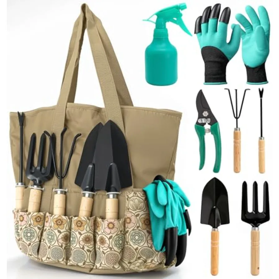 

Garden Tool Bag with 9 Pcs Stainl Steel Gardening Kit Includes Rust-Resistant Blades, Wooden Handles, Fingertip Claw Gloves and