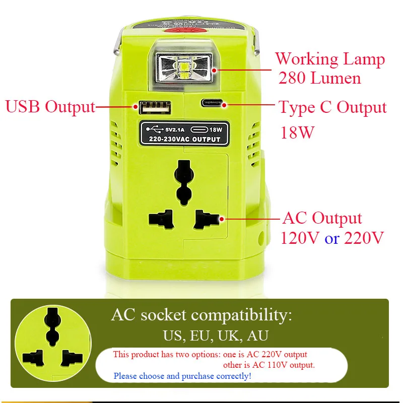 For Ryobi 18V Li-ion Battery Case 200W Inverter DC 18V AC 110V 220V Modified Sine Wave 280LM LED Light Type C USB Power Bank