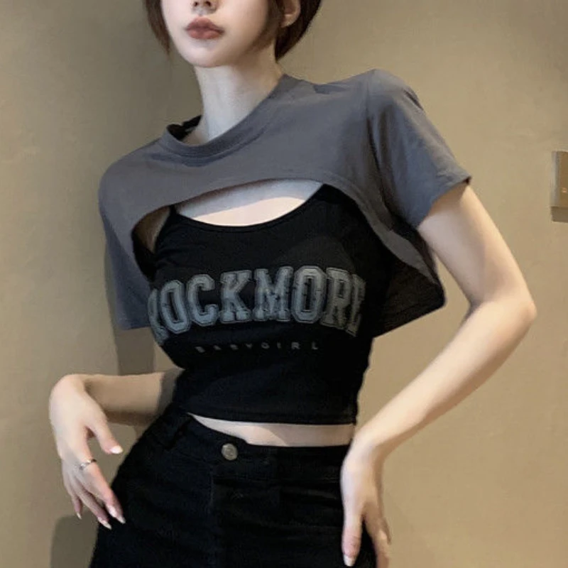 2 Pcs Sets Women Irregular Crop Tops Sexy T-shirts Letter Vintage Camis Streetwear Summer Aesthetic Casual Basics Lady Minority