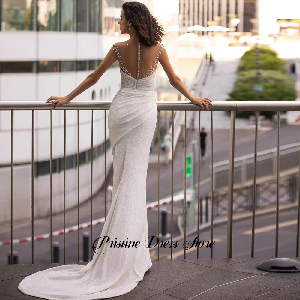 Gorgeous Glitter Rhinestone Mermaid Wedding Dress With Court Train Customized Side Slit Cap Sleeves Bridal Gown Vestido De Novia