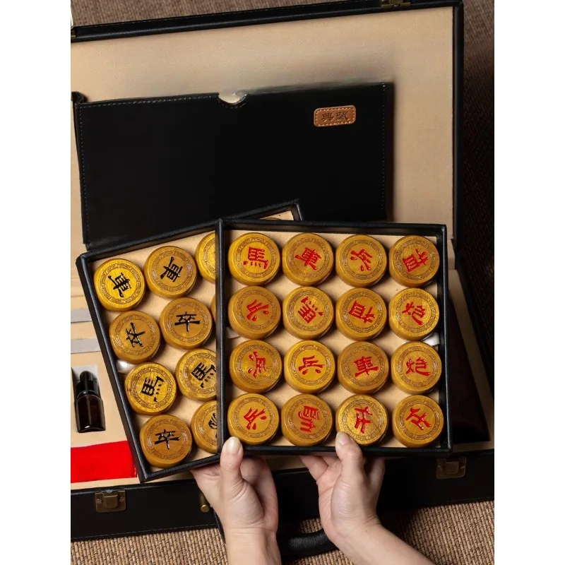 Golden Nanmu Chinese Chess Solid Wood Small Leaf Zhennan Large Chessboard High-end Birthday Gifts for Elders New Year's Shopping