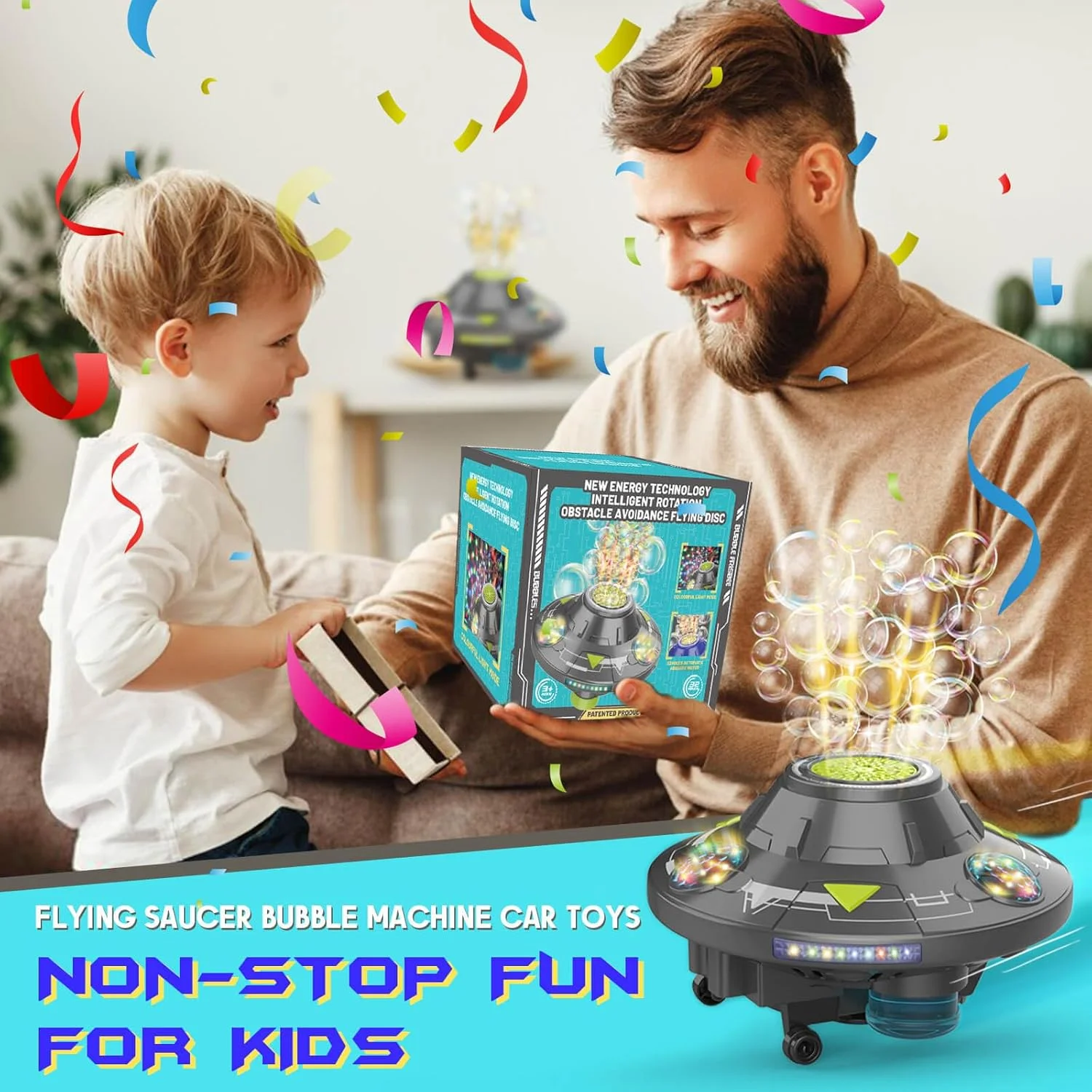 Electric UFO Bubble Machine Rotating Bubbles Gun Automatic Soap Blower with Light Outdoor Games Obstacle Avoidance Flying Saucer