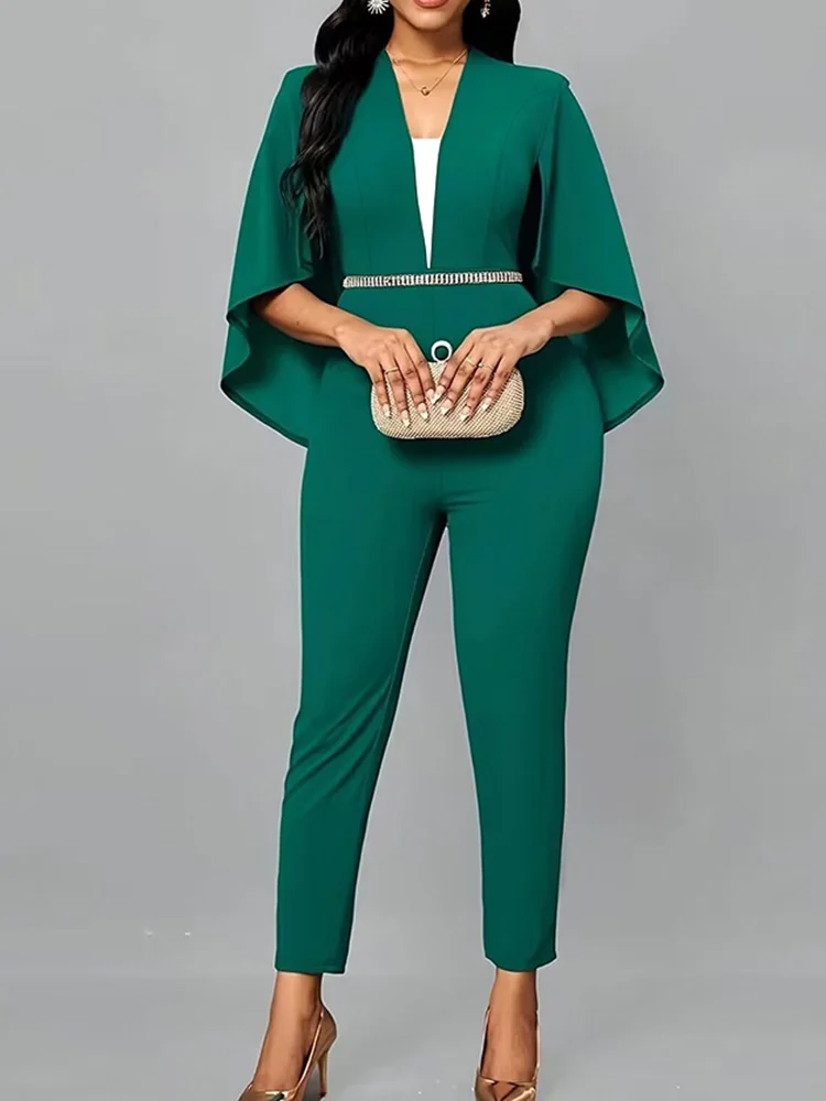 Solid Batwing Sleeve Deep V Neck Jumpsuits for Women