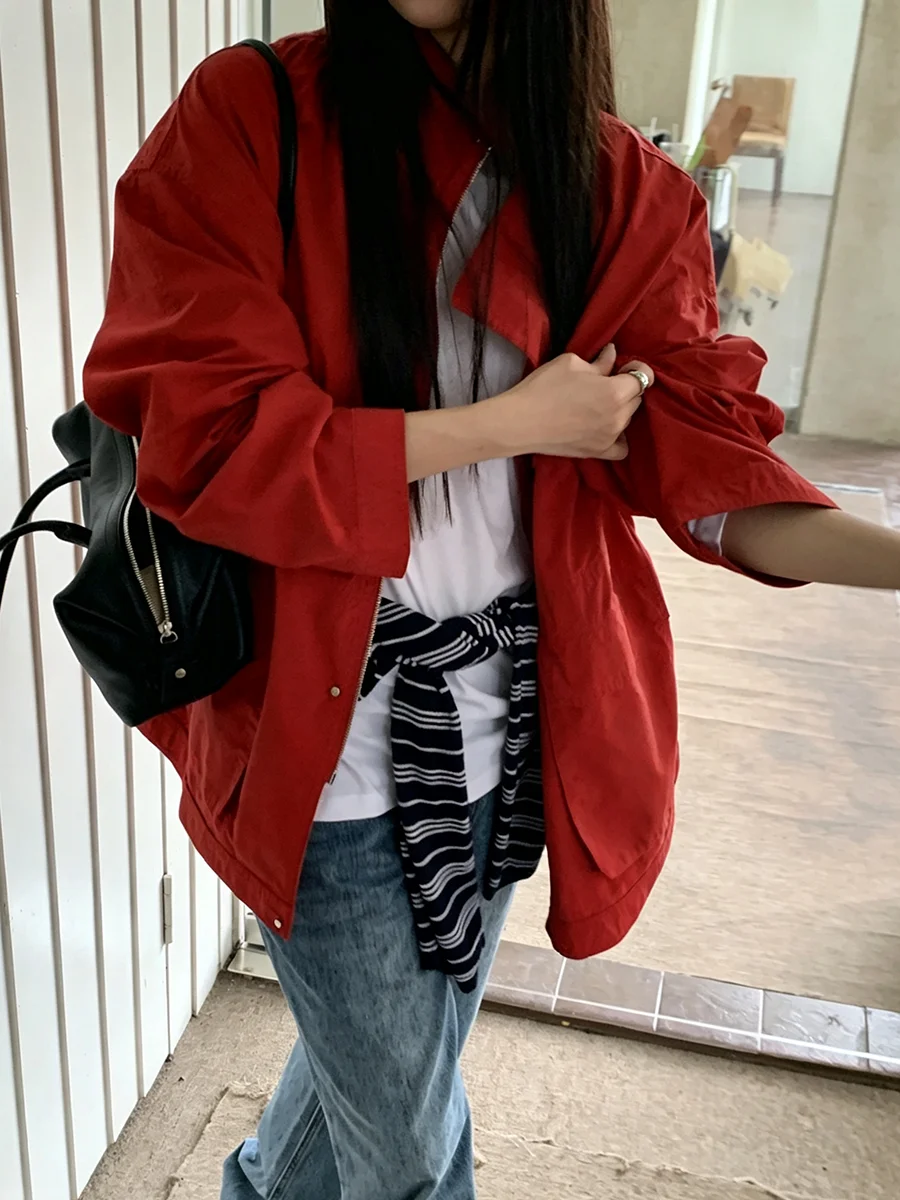 PUAL Women Stand Collar Zipper  Loose Drop Shoulder Long Sleeve Multi Pockets Solid Casual Outdoor Streetwear Outerwear Coat