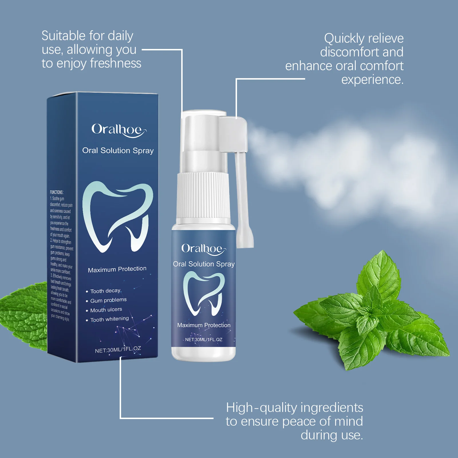 Oralhoe 30ml Oral Solution Spray Relieve Tooth Caries Prevent Teeth Decay Refresh Breath Relieve Gum Swelling Oral Care Spray
