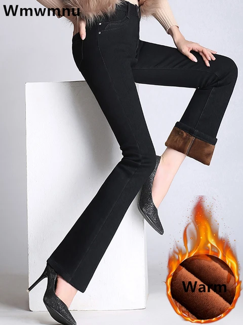 Zimowe obcisłe ciepłe damskie spodnie dżinsowe duże rozmiary 26-34 dżinsy rozszerzane pluszowa podszewka wysokiej talii Vaqueros zagęścić Vintage Bell-bottoms