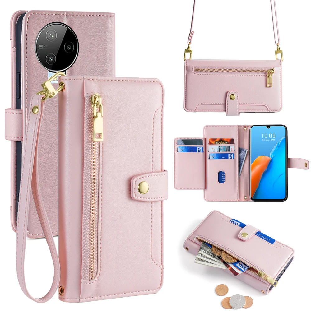 Luxury Leather Flip Book Case for Infinix Note 30 12 11 10 VIP G88 Pro 30i Smart 7 6 Plus Flip Cover Crossbody Case with Lanyard