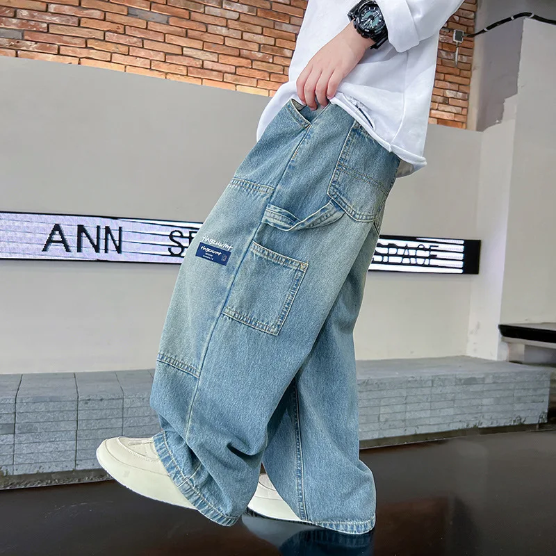 Teenage Boys Cargo Jeans Spring Autumn New Kids Wide Leg Denim