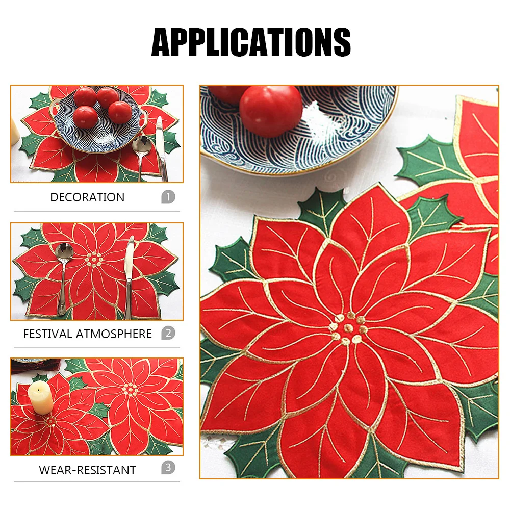 4pcs Xmas Placemat Dinning Plate Mat Insulation Heat-Resistant Poinsettia Design Christmas Table Decor Reusable Tabletop Mats