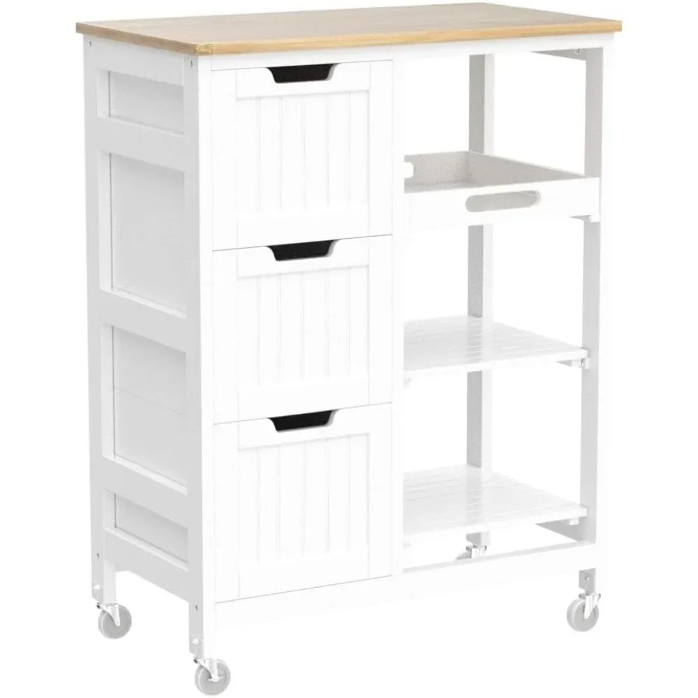 Kitchen Island Cart on Wheels with Bamboo Countertop, Rolling Serving Utility Trolley Cart with 3 Drawers, 3 Removable