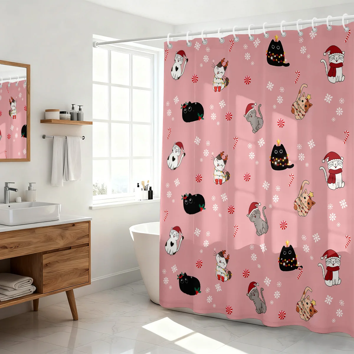 

1pc pink Christmas cat print waterproof shower curtain partition privacy hanging curtain with 12 hooks multiple sizes