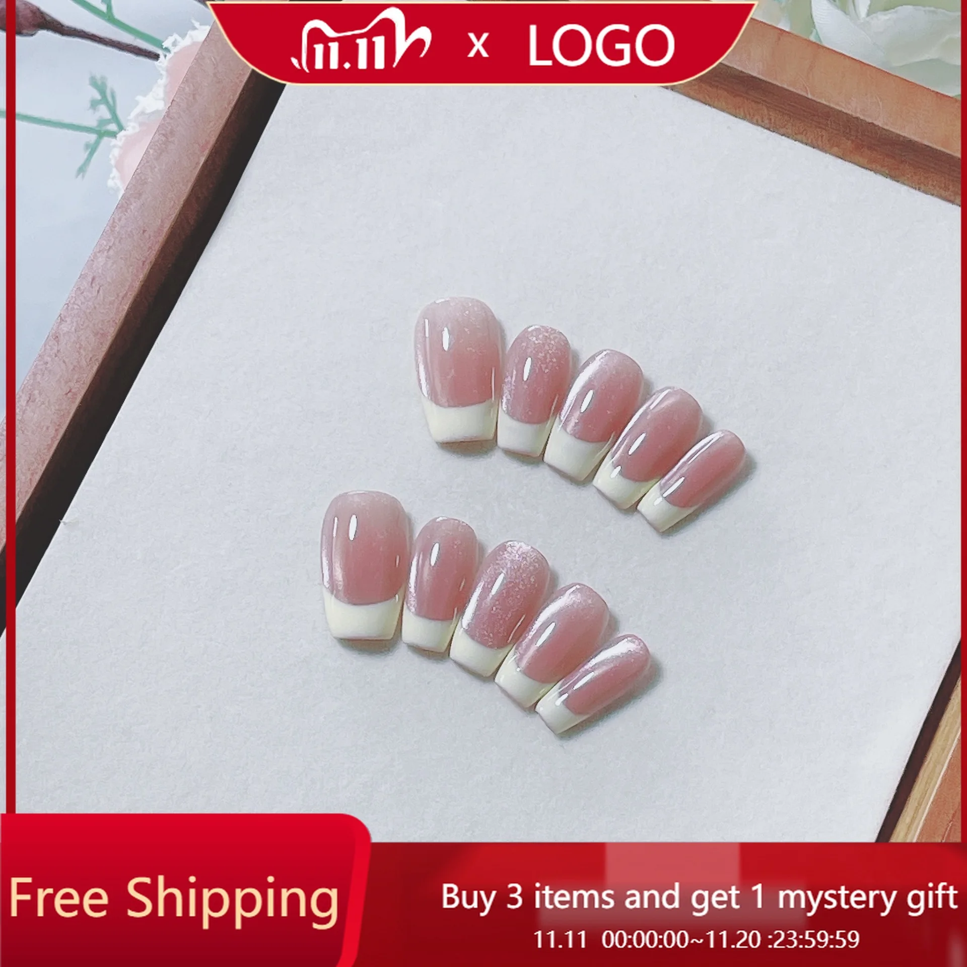 

10pcs/set Classic French Pink Cat Eye Nail Set Middle-Length Square Shaped False Nails Pure Color Glossy Finish Nails for Women