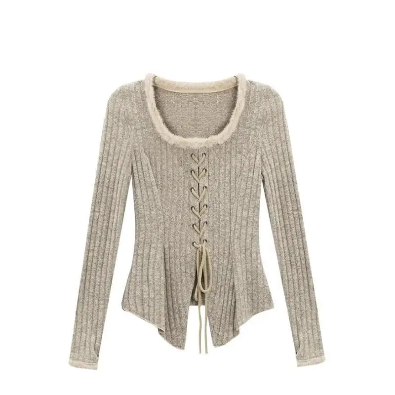 Knitted base sweater for women's autumn and winter oversized micro design with lace up short top  sweaters