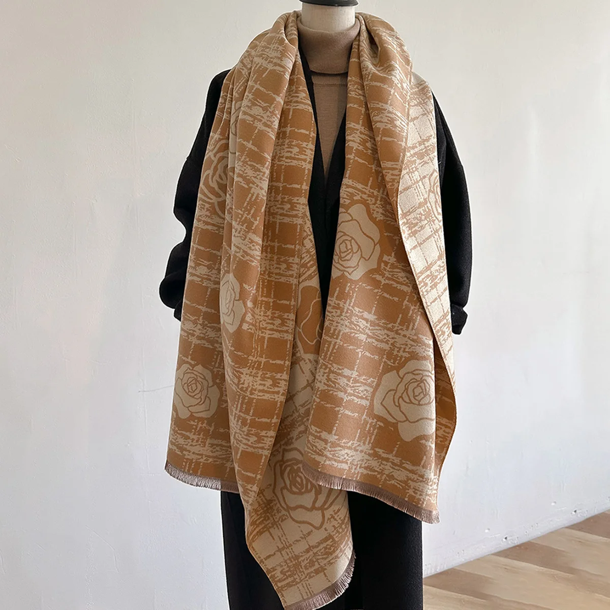 Camellia Double-sided Imitation Cashmere Scarf Autumn and Winter Warm Thickened Air Conditioning Outer Wear Fashionable Shawl