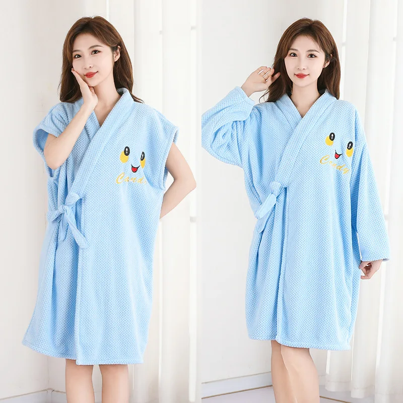 Thickened Warm Bathrobe Women's Shower Bathrobe Bath Towel Adult Student Pajamas Wearable Wrappable Sleeping Gown Girl Sleepwear
