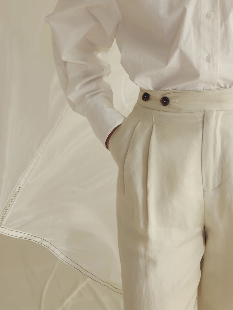 MOLIFUSU オリジナル ハイウエスト ワイドレッグ 竹結び ウェッドリネンパンツ レトロ スタイル レディース ビジネス カジュアル トラウザーズ