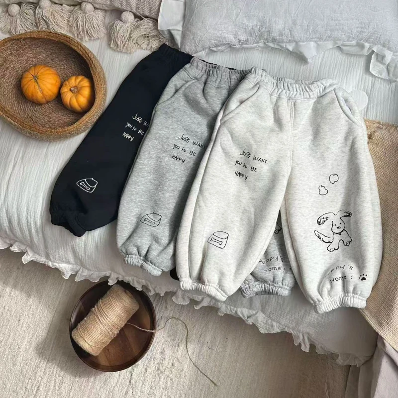 

2025 Winter New Children's Sketches with Thick Velvet for Casual Leg Tight Waist Pants