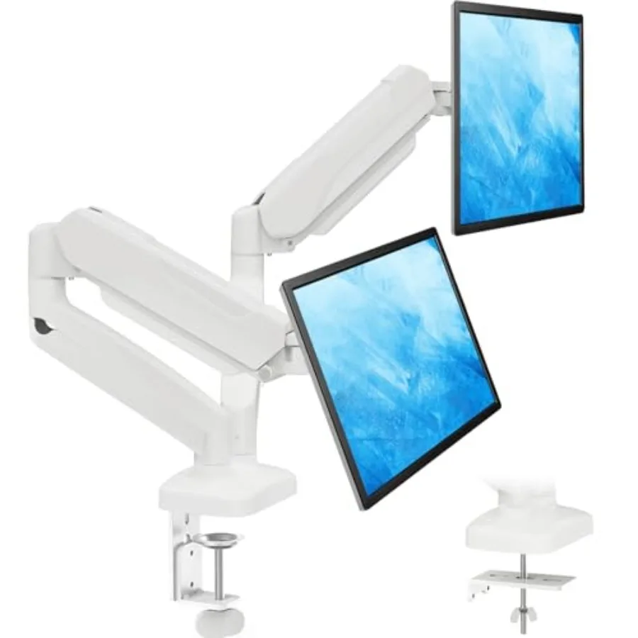 Desk monitor stand for dual 32-inch displays, aluminum alloy, black, height adjustable with C-clamp and grommet base, VESA comp