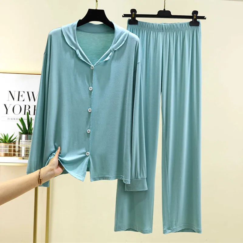 

Lapel Shirt Pant Suit New Lounge Wear Pajama Sets Modal Knit Sleepwear Women Spring Autumn Home Clothes Soft Ladies Night Wear