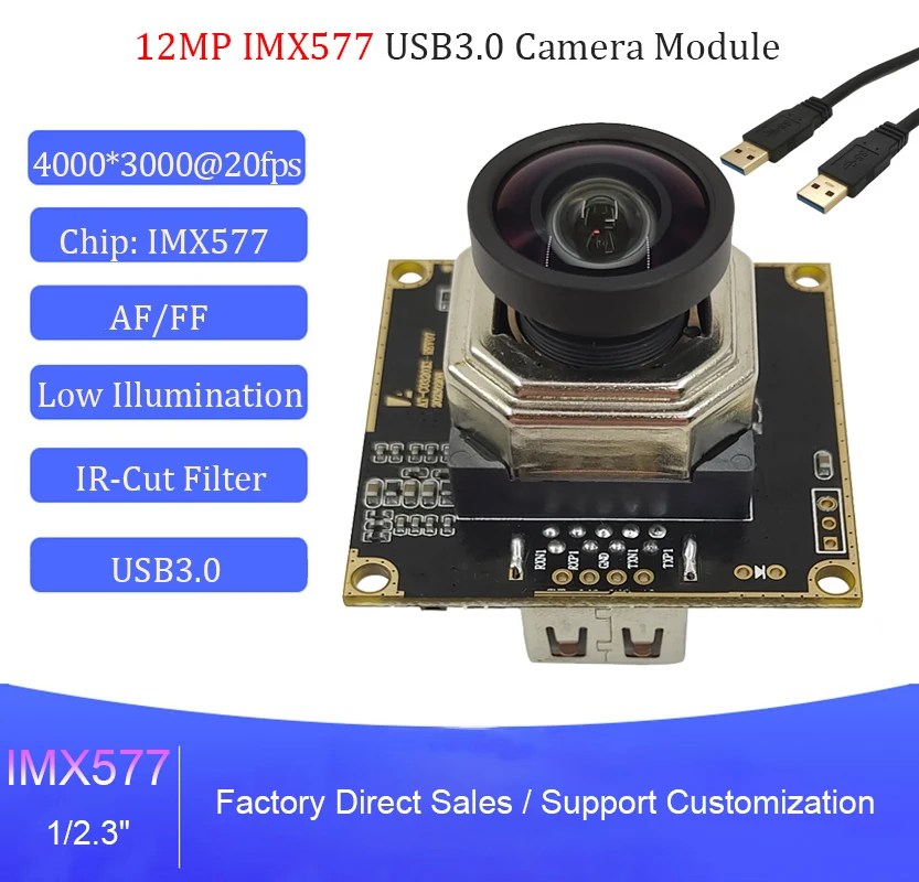 

12MP IMX577 USB3.0 Camera Module CMOS Sensor 4K 100Degree AF/FF Autofocus Low Illumination 4000x3000 20fps Webcam UVC Free Drive